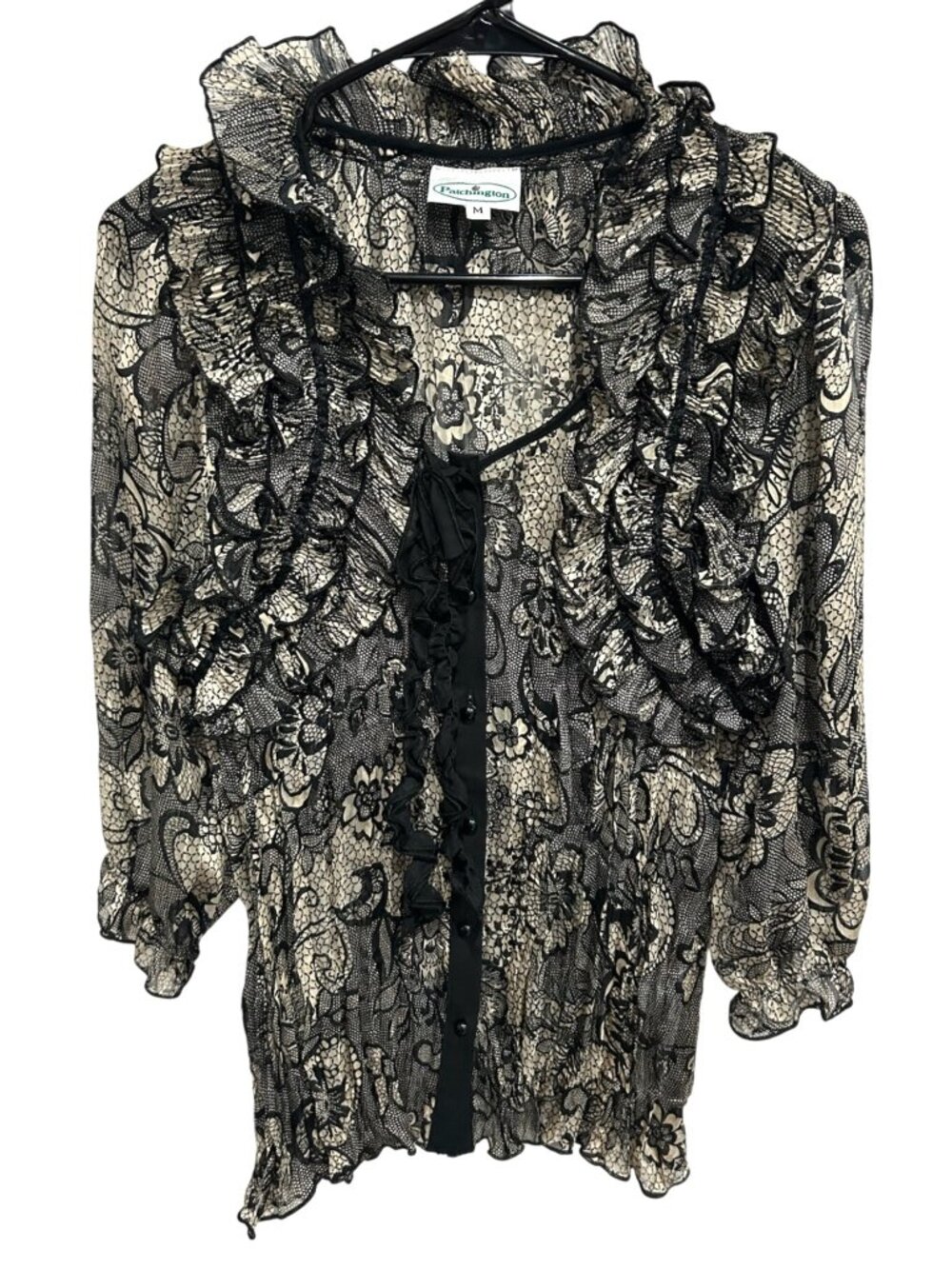 Patchington Medium Black Beige Floral Lace Ruffle Blouse Romanticcore Ethereal